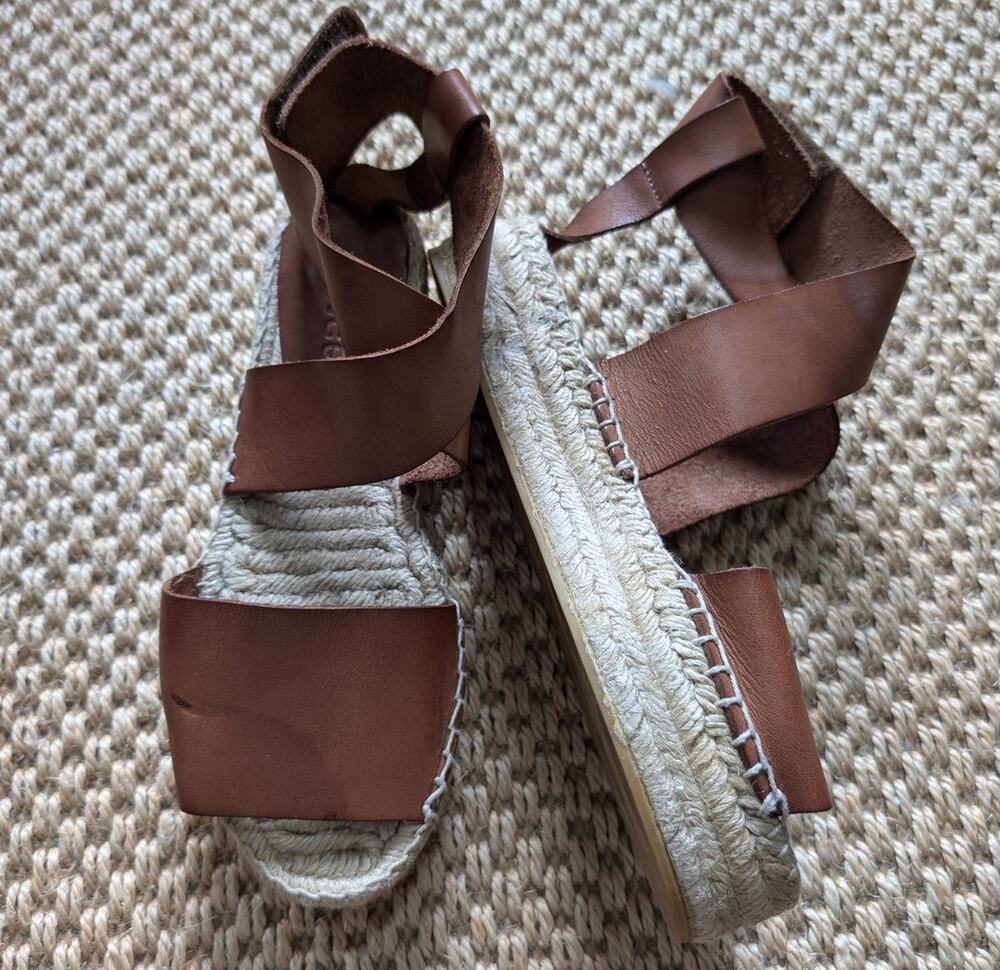 Vince Brown Leather Ankle Wrap Platform Espadrille Sandals Size 5 Read